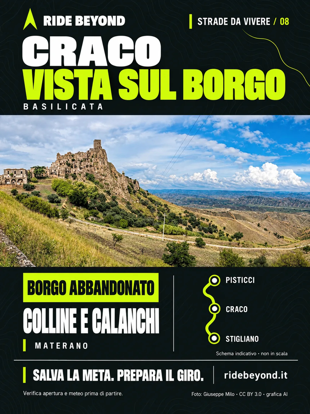 Grafica RIDE BEYOND · Craco · Vista sul borgo, Basilicata
