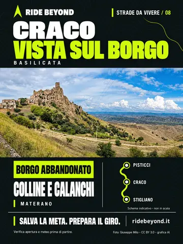 Grafica RIDE BEYOND · Craco · Vista sul borgo