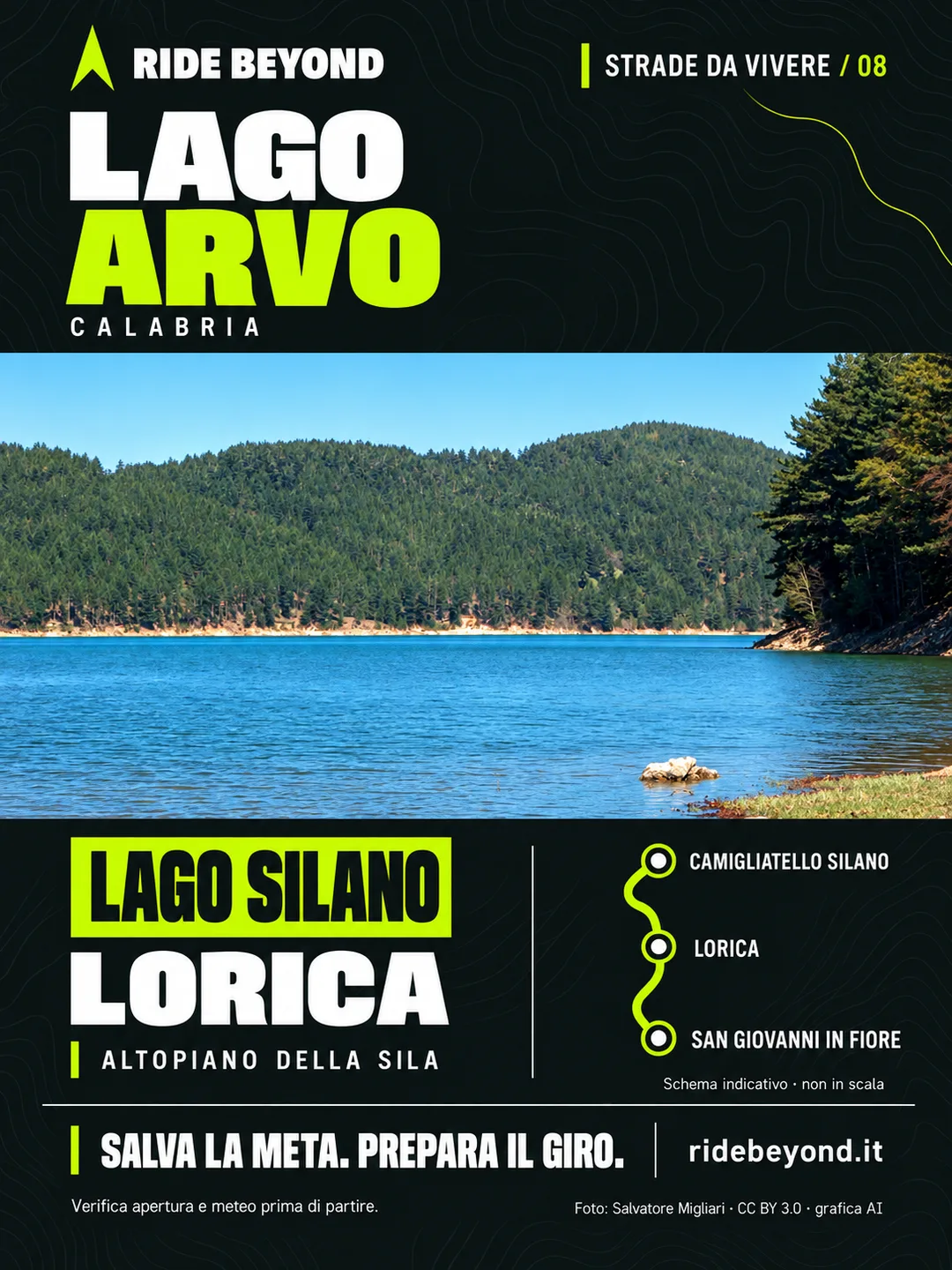 Grafica RIDE BEYOND · Lago Arvo, Calabria