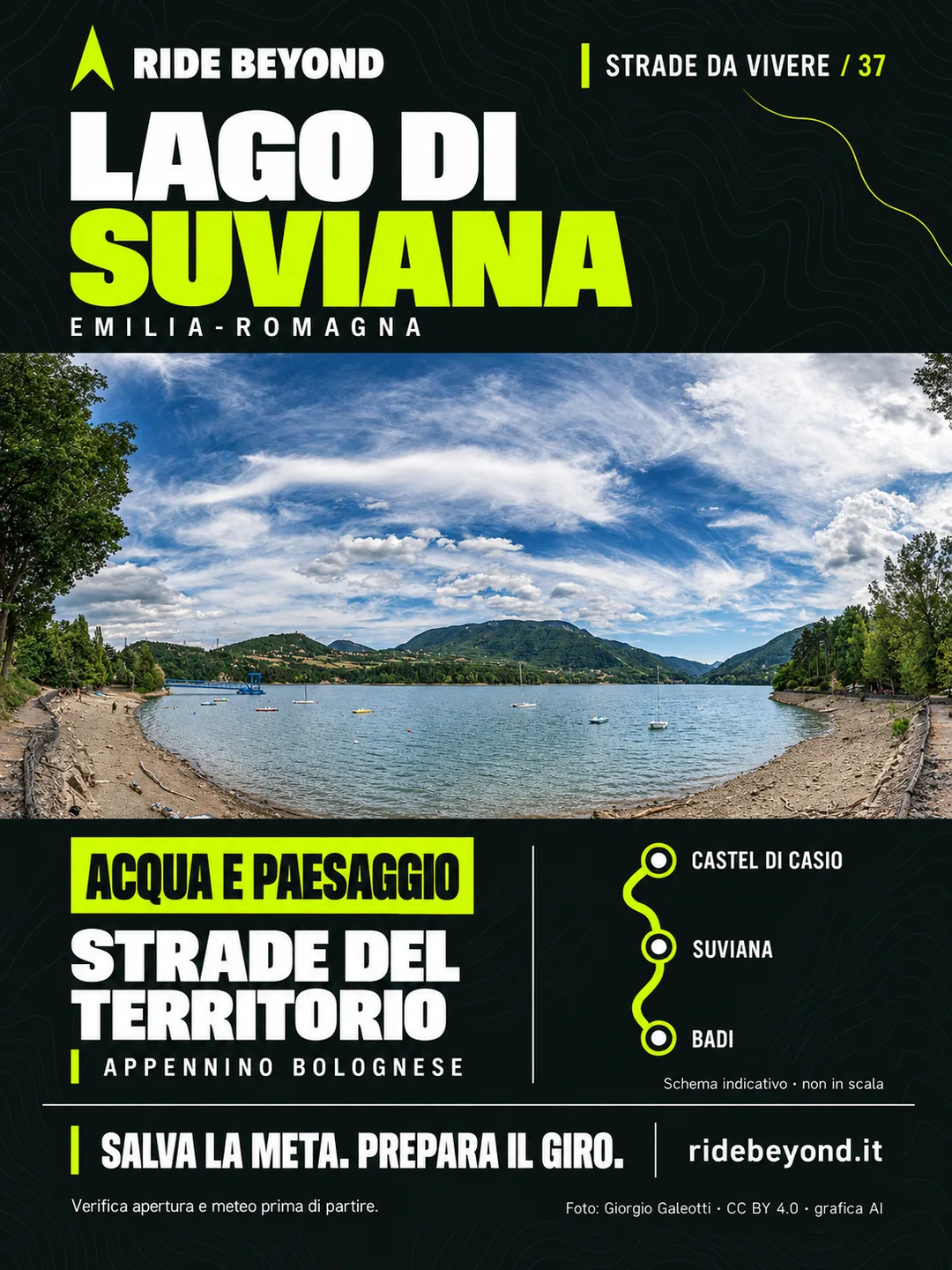 Grafica RIDE BEYOND · Lago di Suviana, Emilia-Romagna