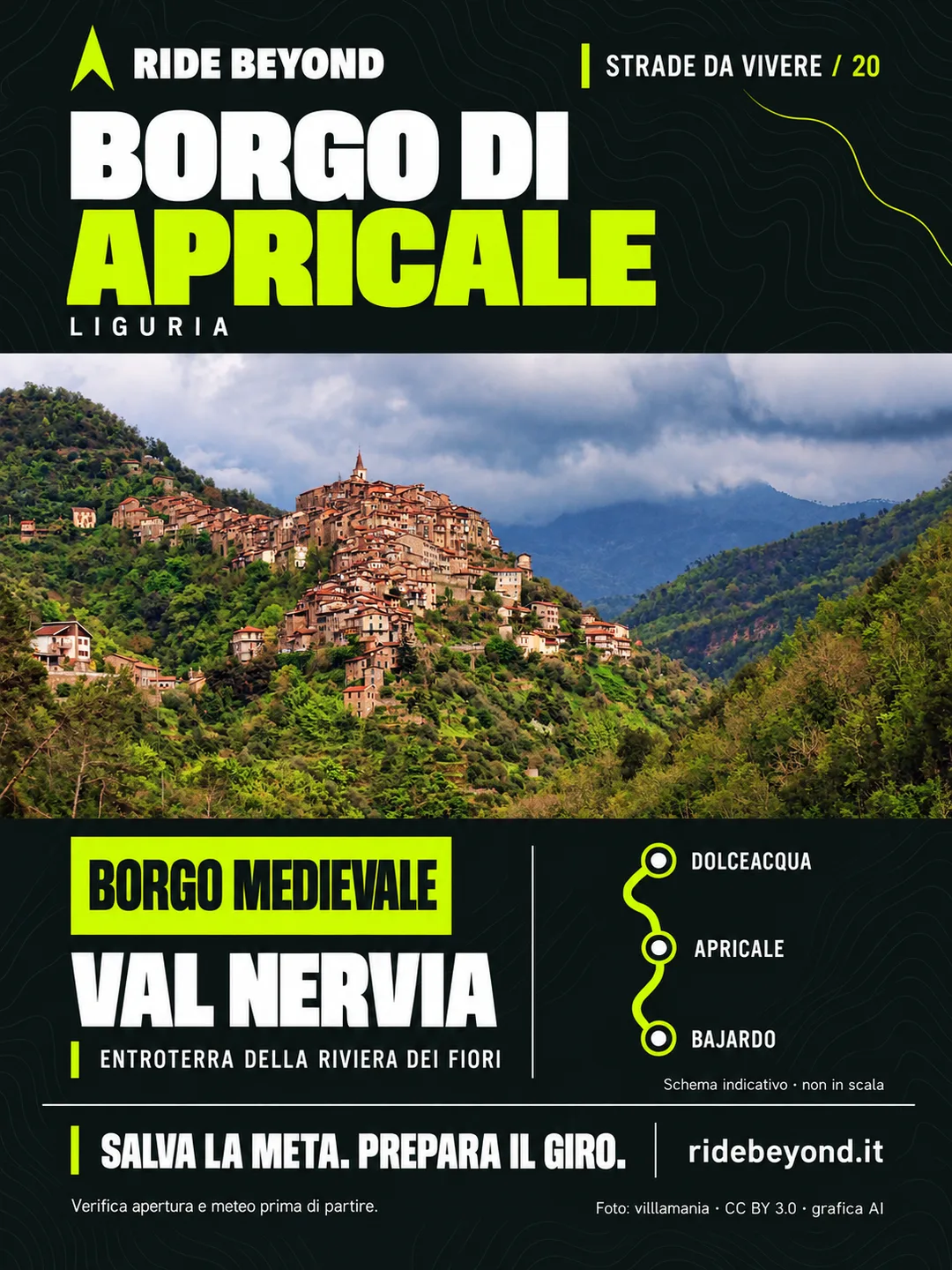 Grafica RIDE BEYOND · Borgo di Apricale, Liguria