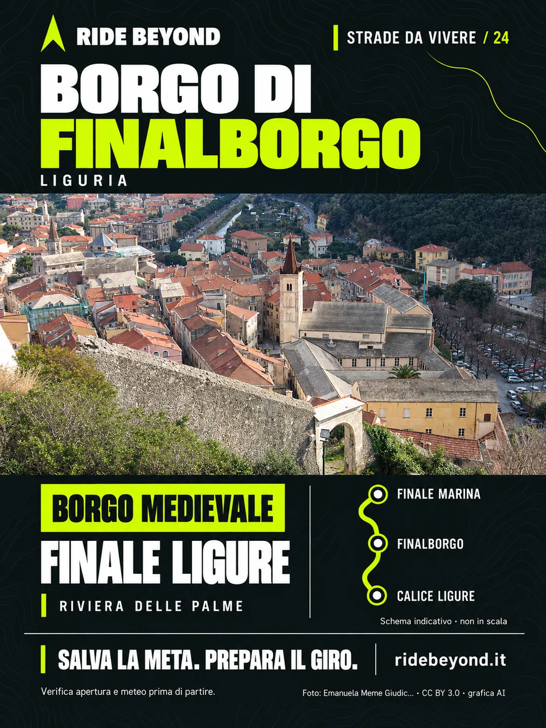 Grafica RIDE BEYOND · Borgo di Finalborgo, Liguria