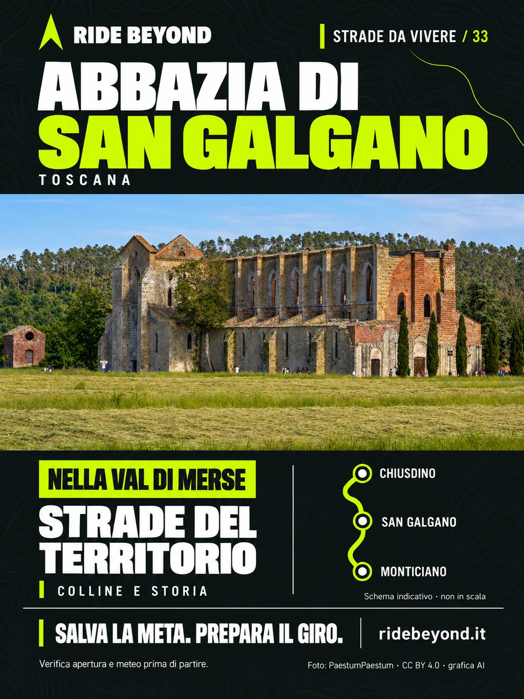 Grafica RIDE BEYOND · Abbazia di San Galgano, Toscana