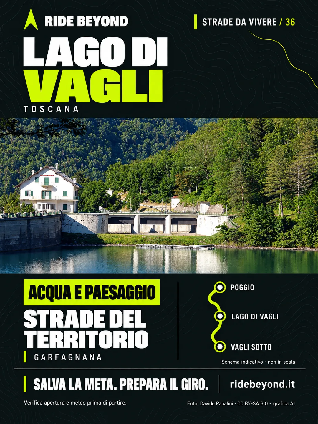 Grafica RIDE BEYOND · Lago di Vagli, Toscana